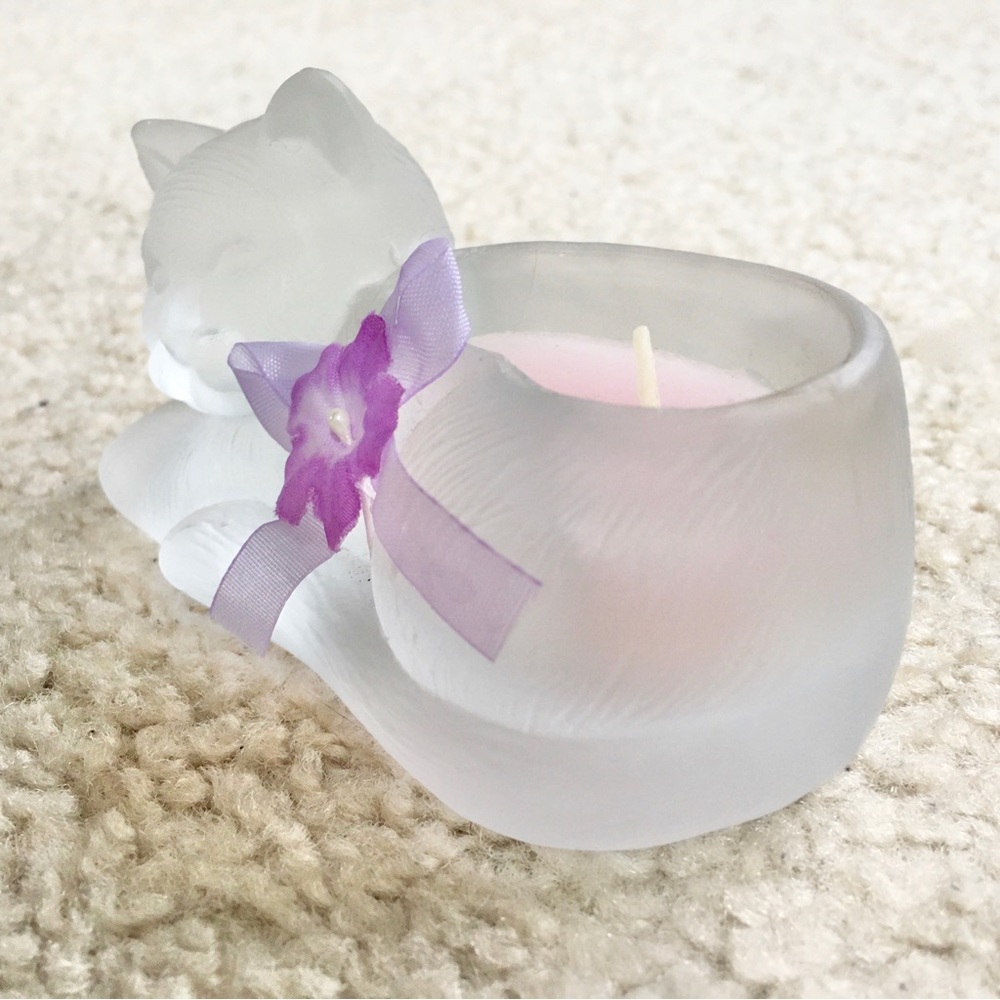 Vintage EMSON Frosted Satin Glass Cat Candle Holder Figurine w/ Original Candle